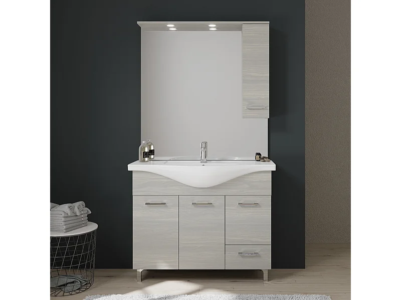 Meuble De Salle De Bains À Poser 105 Cm Avec Portes Lavabo Et Miroir | Rimini