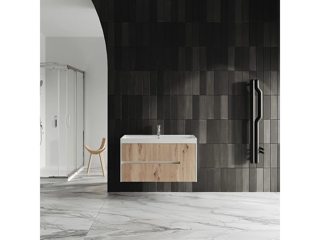 Meuble De Salle De Bain Suspendu 100Cm Chêne Doré Sans Miroir | Cortina