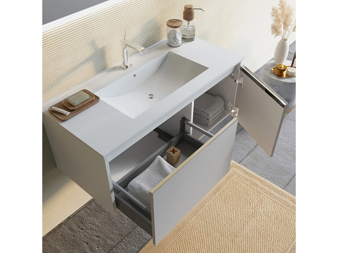 Meuble De Salle De Bain Gris Clair Mat 100Cm, Lavabo, Miroir À Led  | Monaco