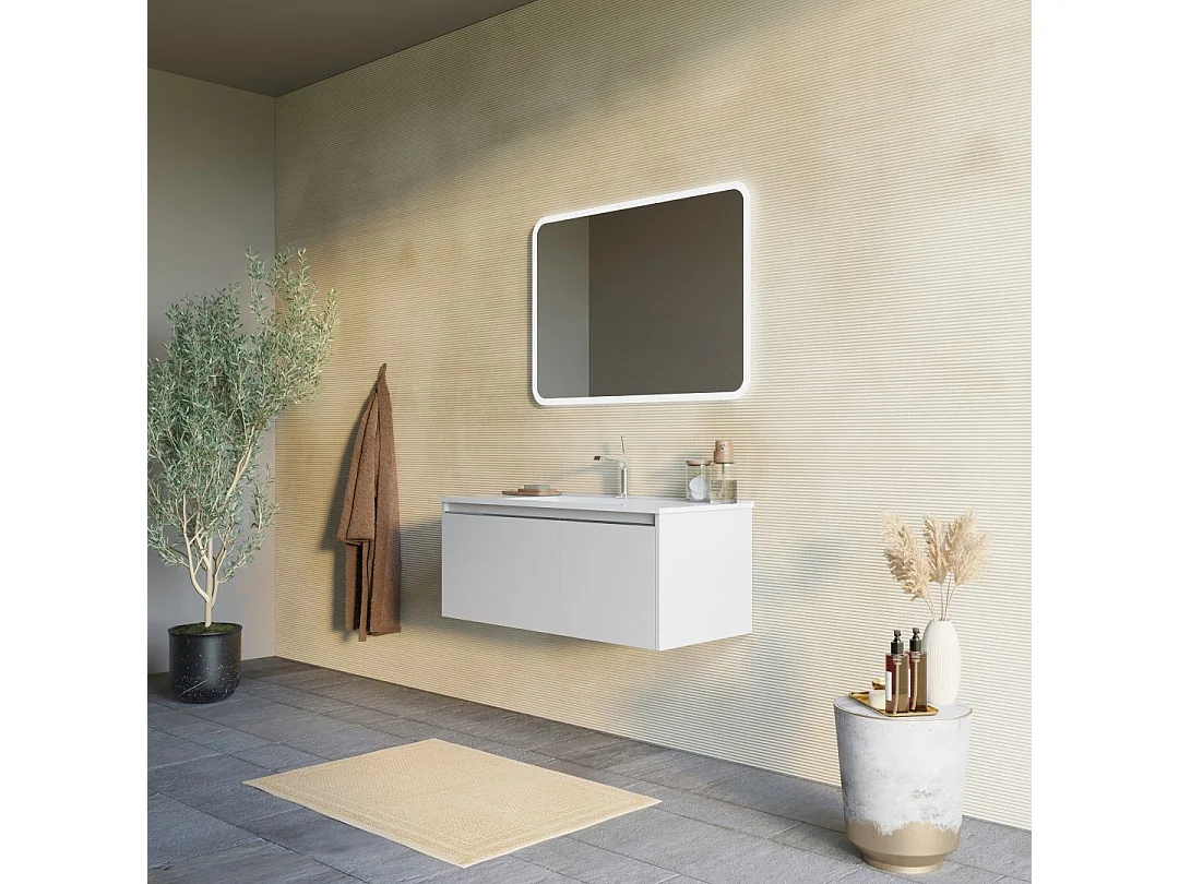 Meuble De Salle De Bain Gris Clair Mat 100Cm, Lavabo, Miroir À Led  | Monaco