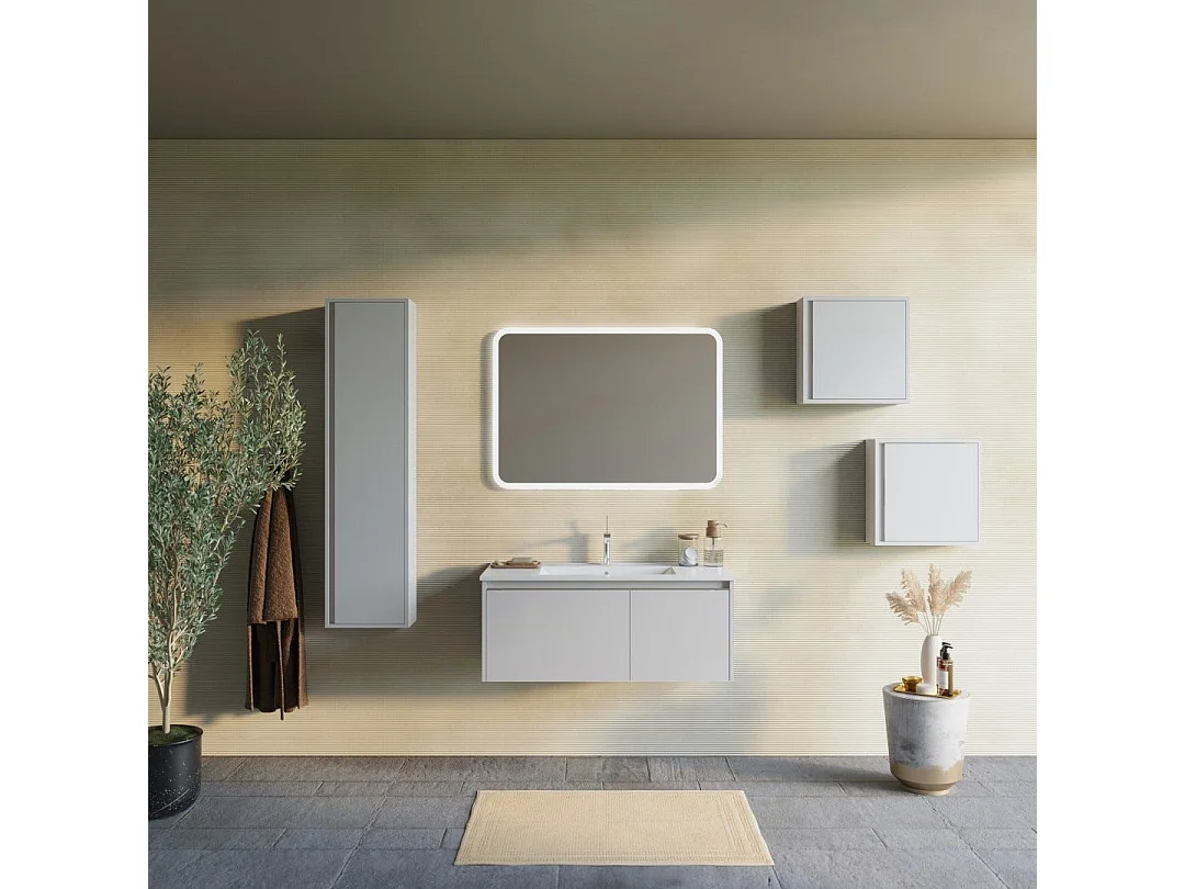 Meuble De Salle De Bain Gris Clair Mat 100Cm, Lavabo, Miroir À Led  | Monaco
