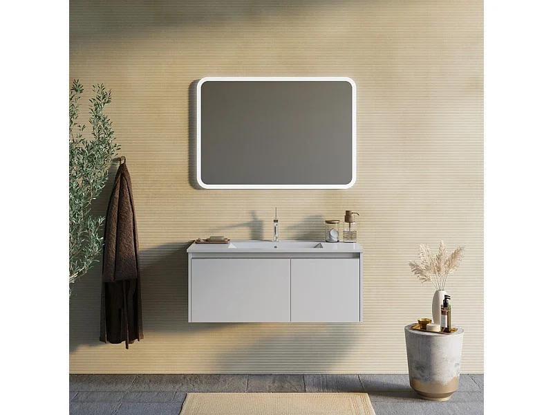 Meuble De Salle De Bain Gris Clair Mat 100Cm, Lavabo, Miroir À Led  | Monaco