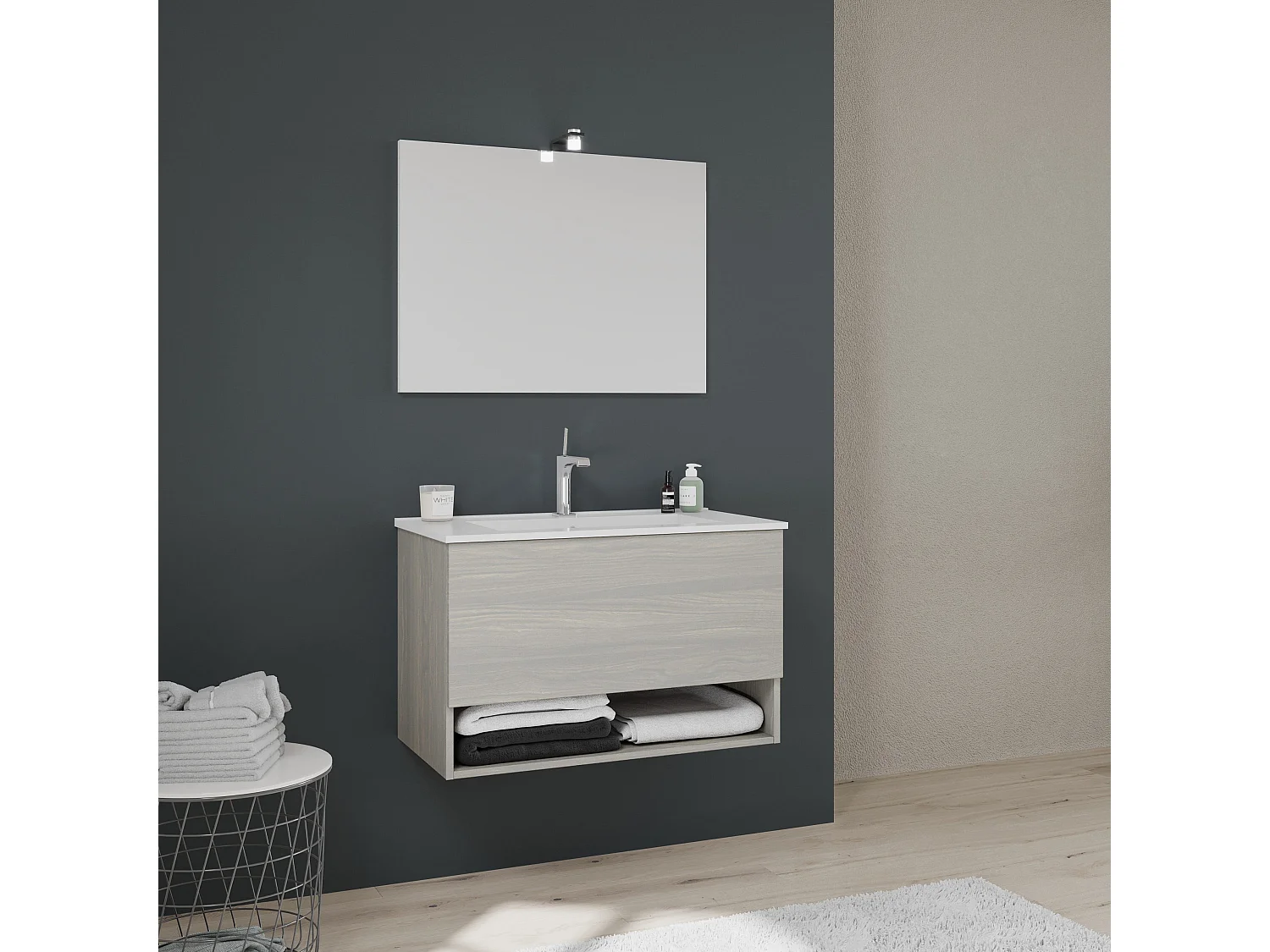 Meuble De Salle De Bain 80Cm Avec Lavabo En Céramique, Tiroir Gris | Venezia