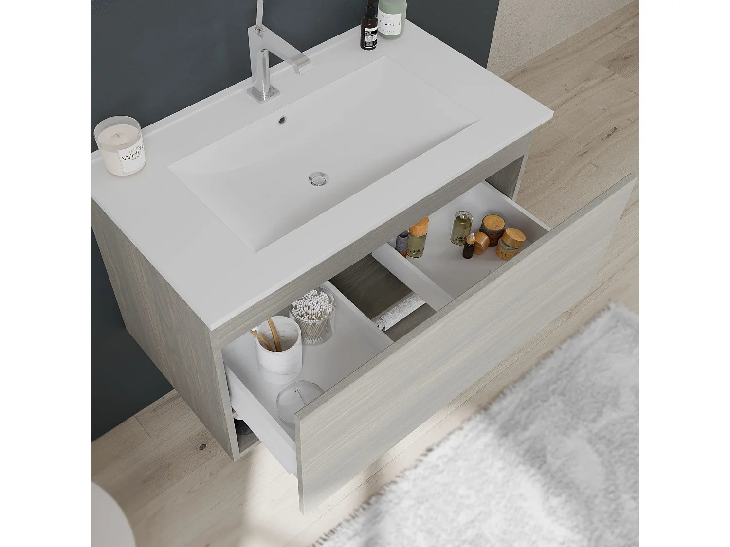 Meuble De Salle De Bain 80Cm Avec Lavabo En Céramique, Tiroir Gris | Venezia