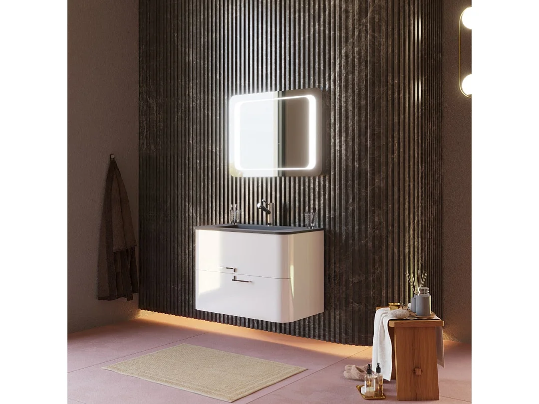 Armoire De Toilette Murale 80Cm Blanche, Lavabo Noir Mat, Miroir À Led | Hollywood