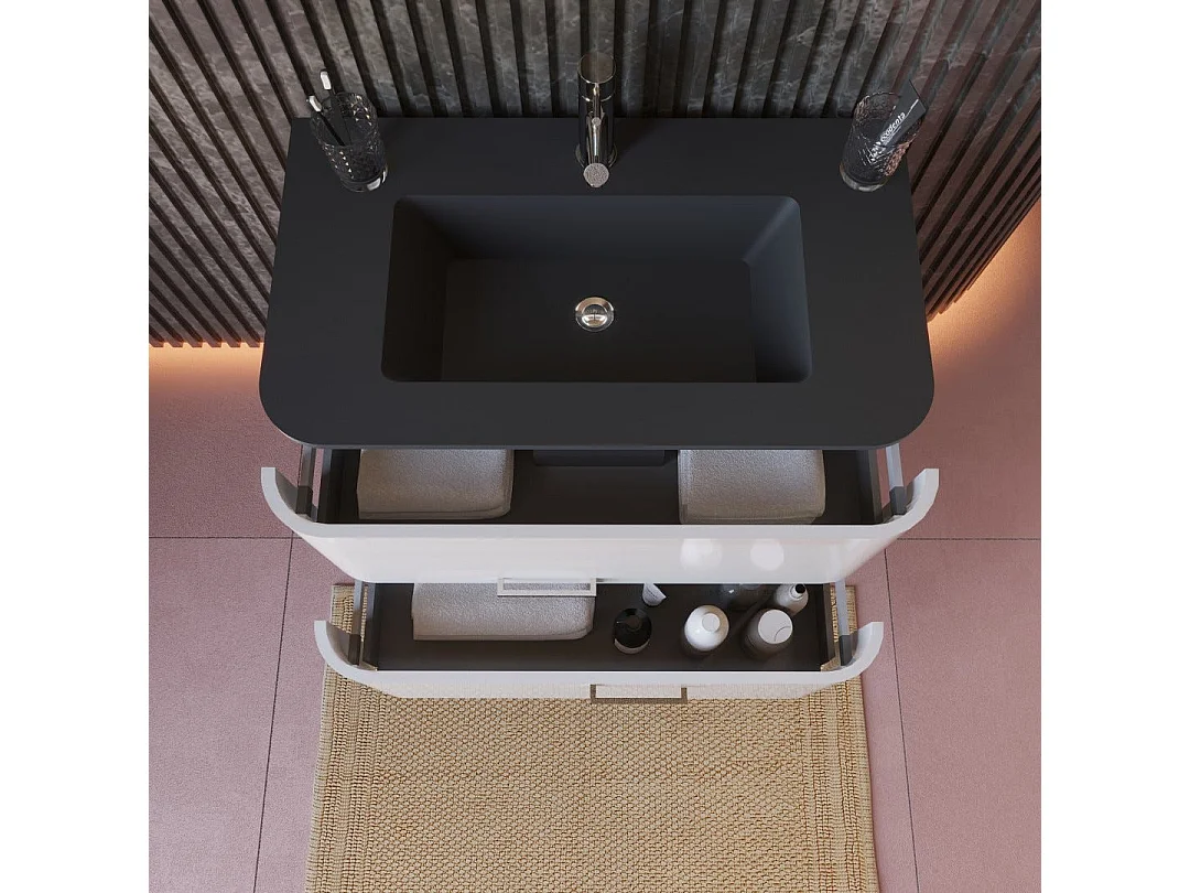 Armoire De Toilette Murale 80Cm Blanche, Lavabo Noir Mat, Miroir À Led | Hollywood