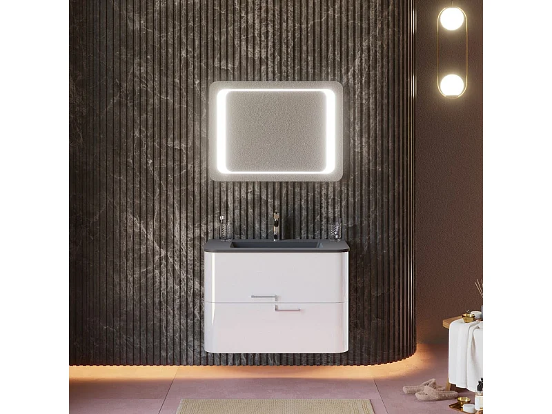 Armoire De Toilette Murale 80Cm Blanche, Lavabo Noir Mat, Miroir À Led | Hollywood