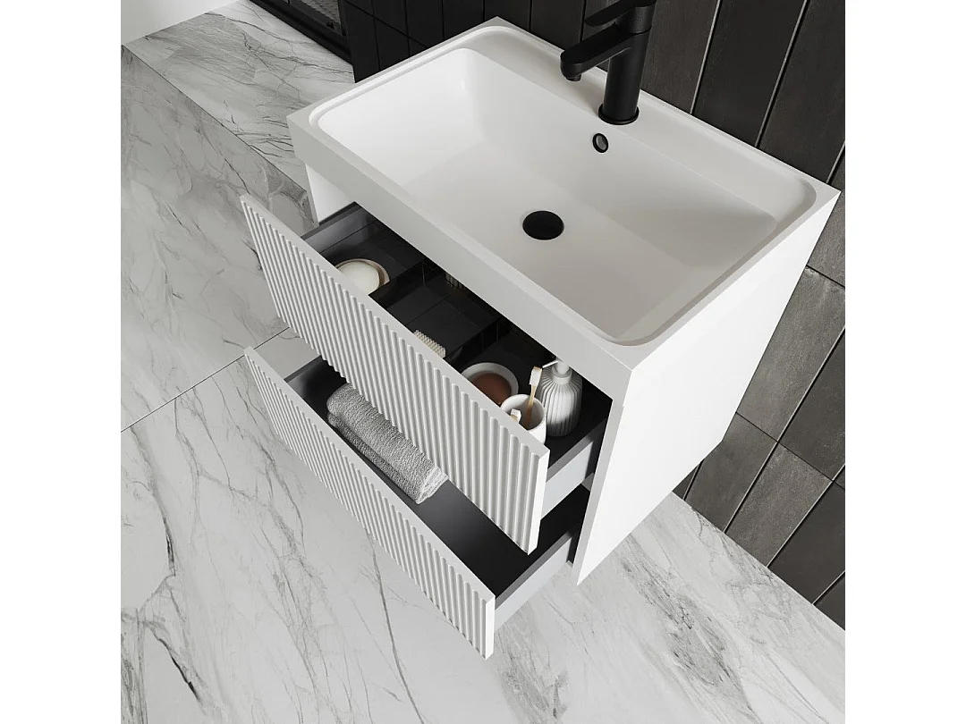 Meuble De Salle De Bains Cannelé Blanc Brillant 60Cm | Cortina