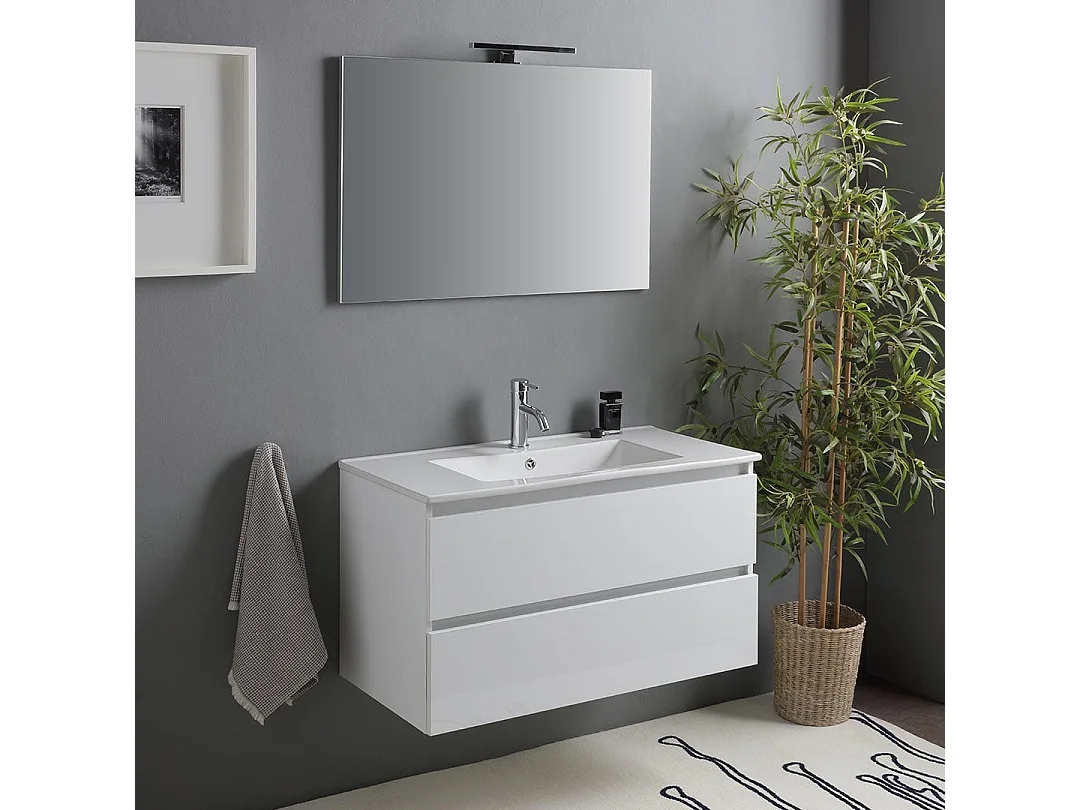Meuble De Salle De Bains Suspendu 90Cm 2 Tiroirs Blanc Brillant | Benaco
