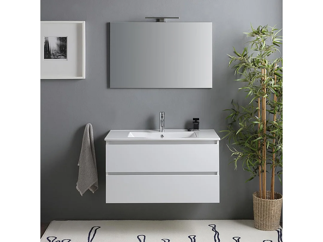 Meuble De Salle De Bains Suspendu 90Cm 2 Tiroirs Blanc Brillant | Benaco