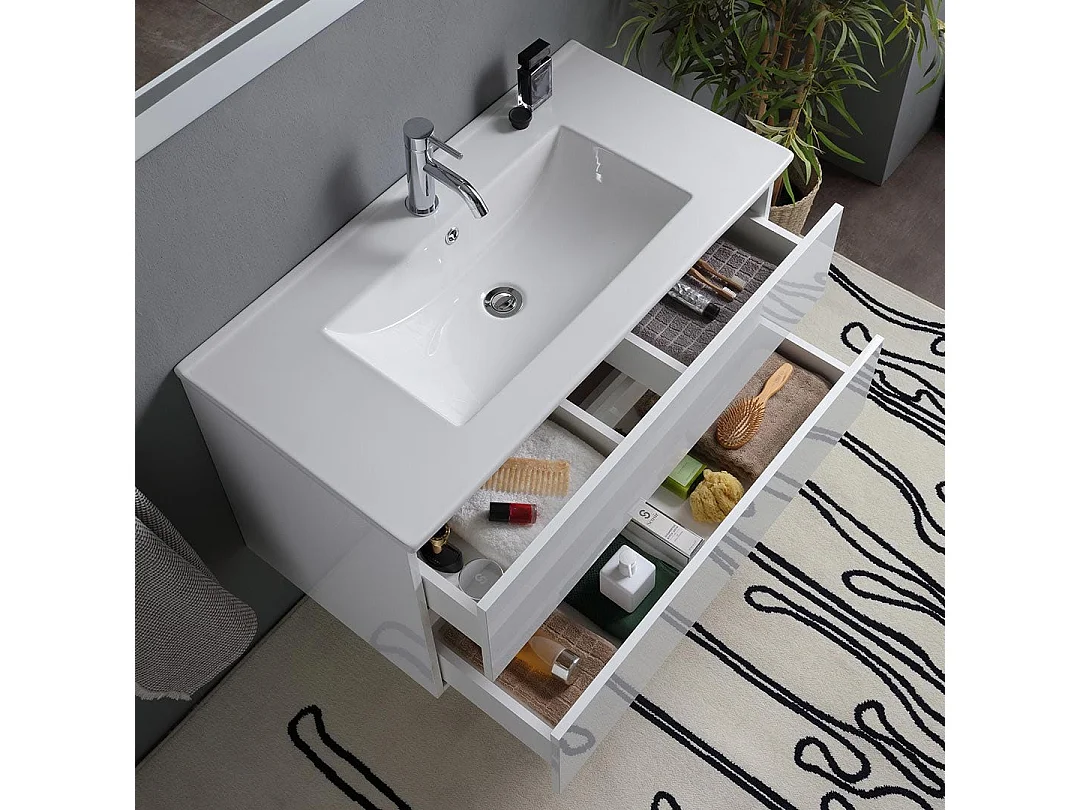 Meuble De Salle De Bains Suspendu 90Cm 2 Tiroirs Blanc Brillant | Benaco