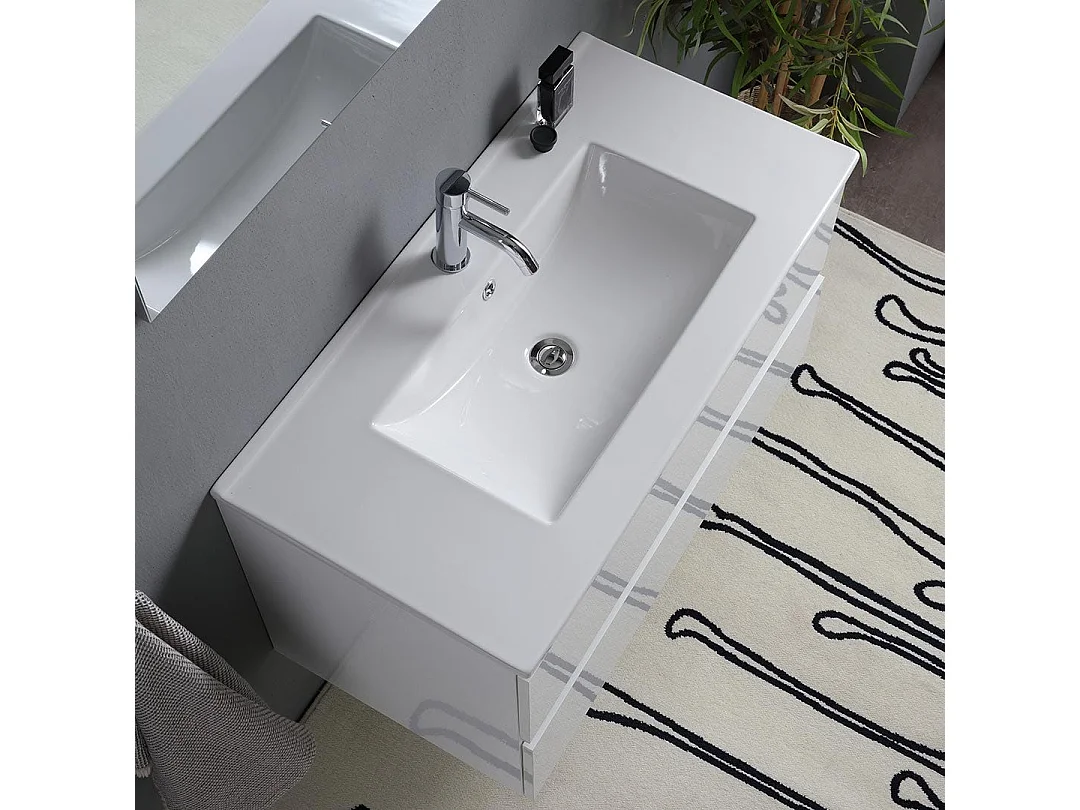 Meuble De Salle De Bains Suspendu 90Cm 2 Tiroirs Blanc Brillant, Miroir Avec Lampe | Benaco