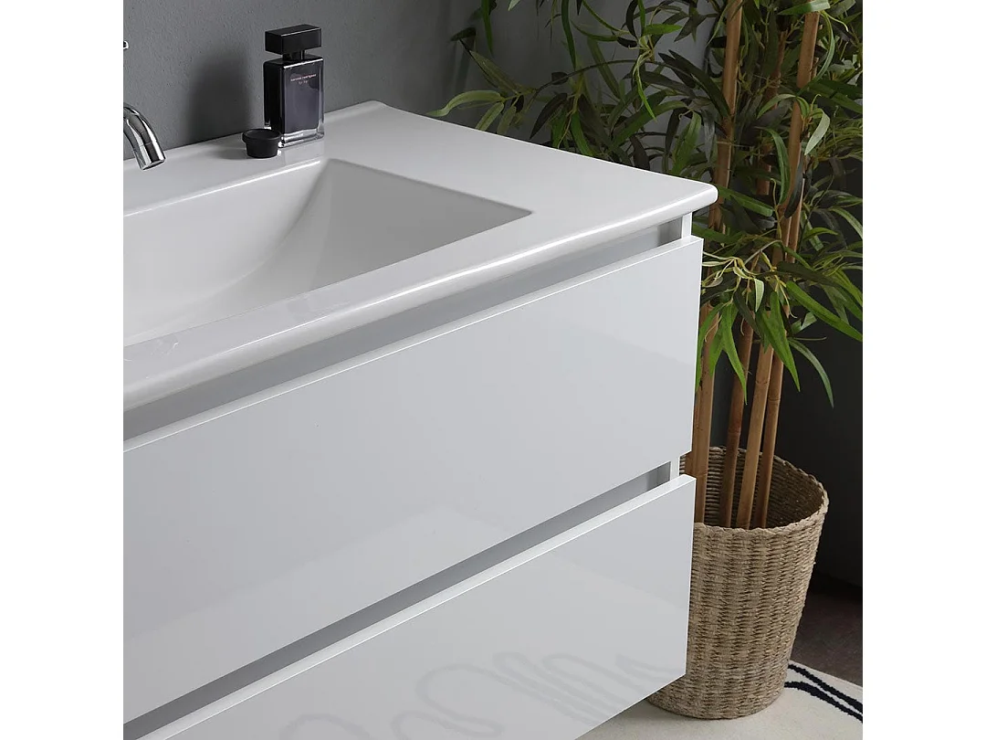 Meuble De Salle De Bains Suspendu 90Cm 2 Tiroirs Blanc Brillant, Miroir Avec Lampe | Benaco