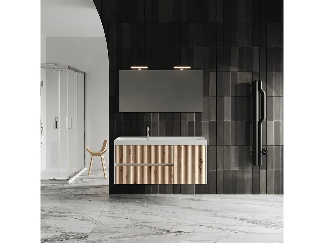 Mobilier De Salle De Bain Suspendu 120Cm Blanc Et Chêne Doré | Cortina