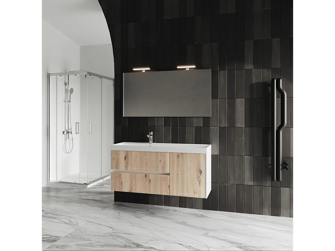 Mobilier De Salle De Bain Suspendu 120Cm Blanc Et Chêne Doré | Cortina