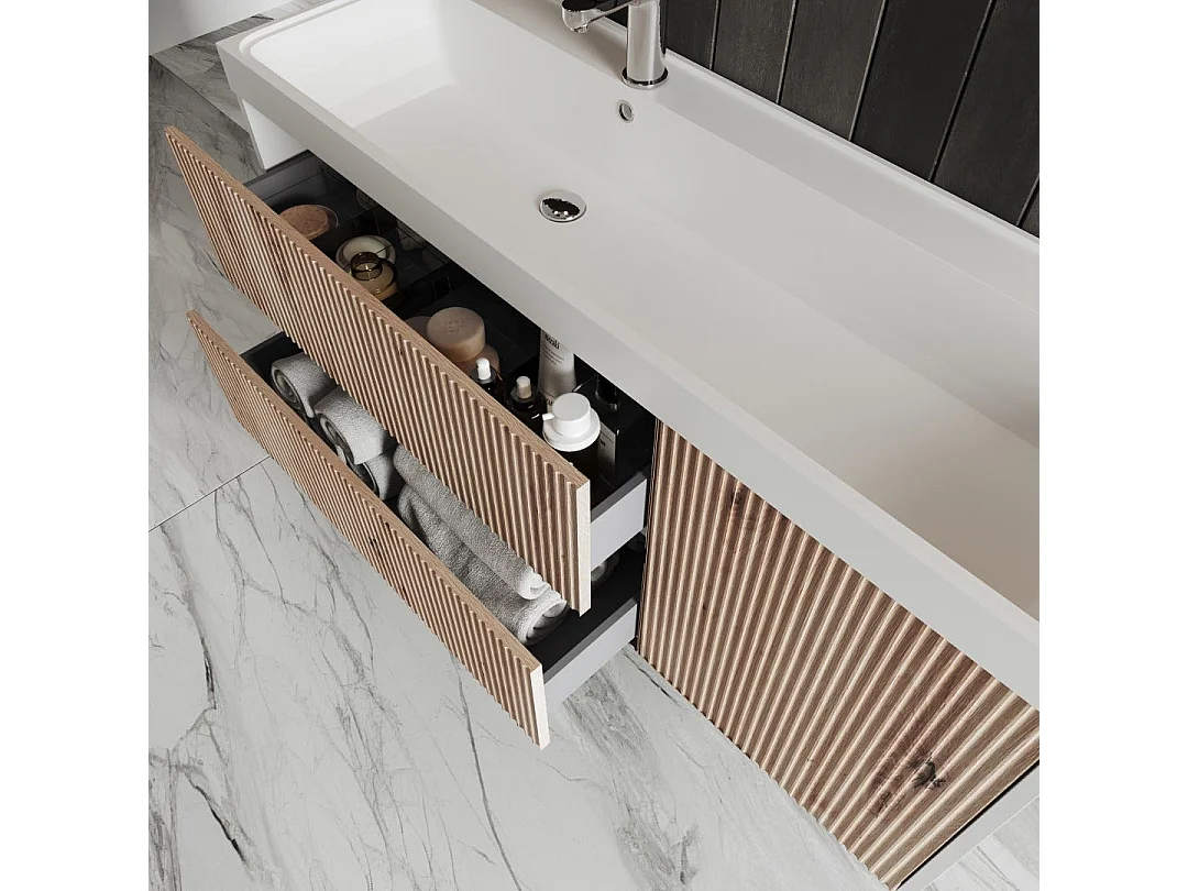 Mobilier De Salle De Bain Suspendu 120Cm Blanc Et Chêne Doré | Cortina