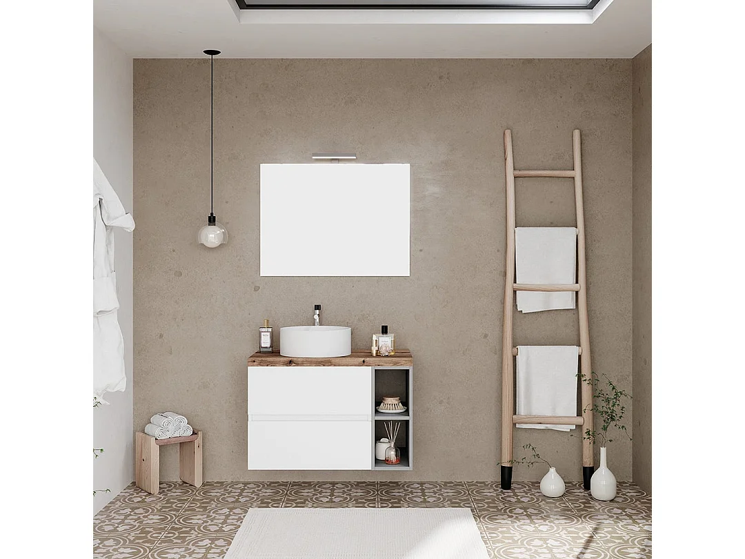 Meuble Salle De Bains Suspendu 80Cm Avec 2 Tiroirs Et Compartiment Ouvert | Nizza