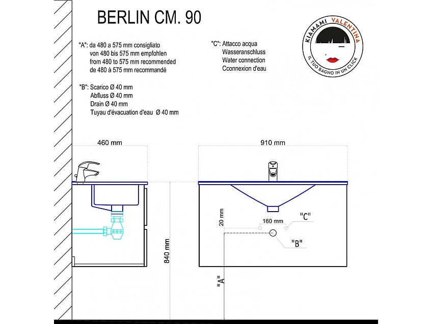 Composition Salle De Bain 90Cm Suspendue Avec Tiroirs Leone Orme | Berlin