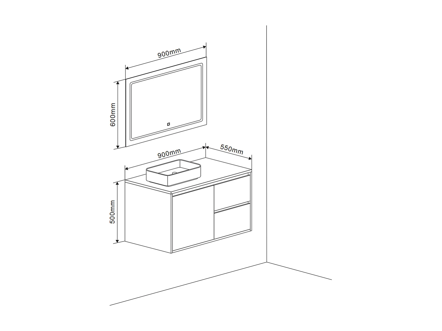 Meuble De Salle De Bain Suspendu Sous-Lavabo 90 Cm Et Miroir Led Tactile | Siena
