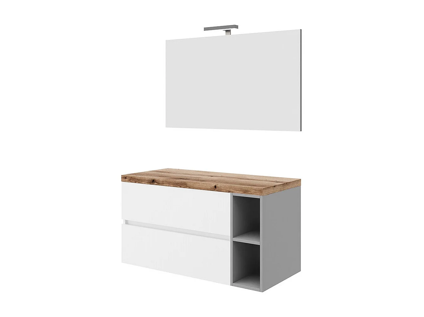 Meuble De Salle De Bains Suspendu Blanc 100Cm, Niche Grise, Plateau En Chêne Et Miroir 100X60 | Nizza