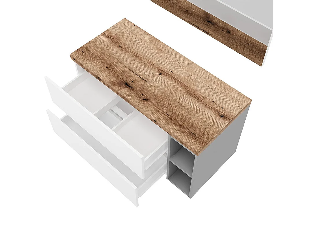 Meuble De Salle De Bains Suspendu Blanc 100Cm, Niche Grise, Plateau En Chêne Et Miroir 100X60 | Nizza