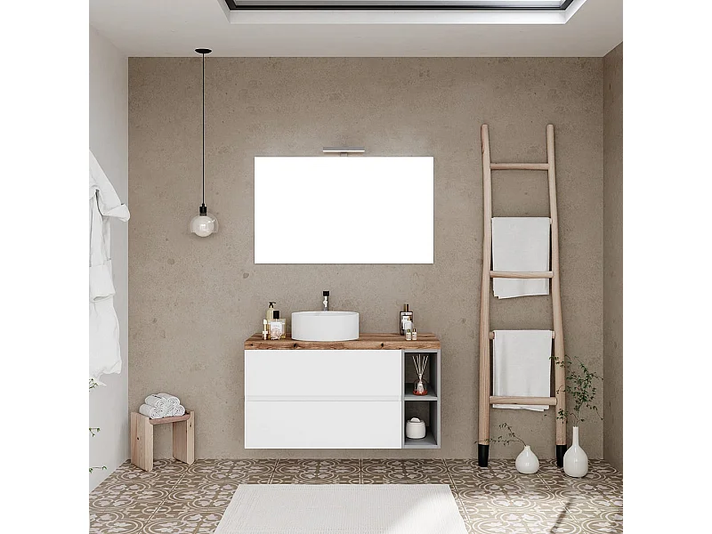 Meuble De Salle De Bains Suspendu Blanc 100Cm, Niche Grise, Plateau En Chêne Et Miroir 100X60 | Nizza