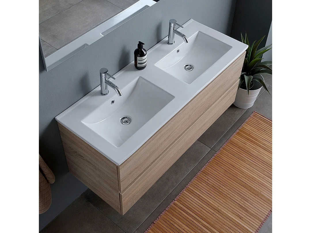 Double Lavabo Mural Meuble De Salle De Bain Avec Tiroirs Chêne Naturel 120Cm | Berlin