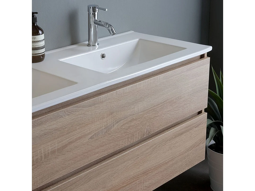Double Lavabo Mural Meuble De Salle De Bain Avec Tiroirs Chêne Naturel 120Cm | Berlin