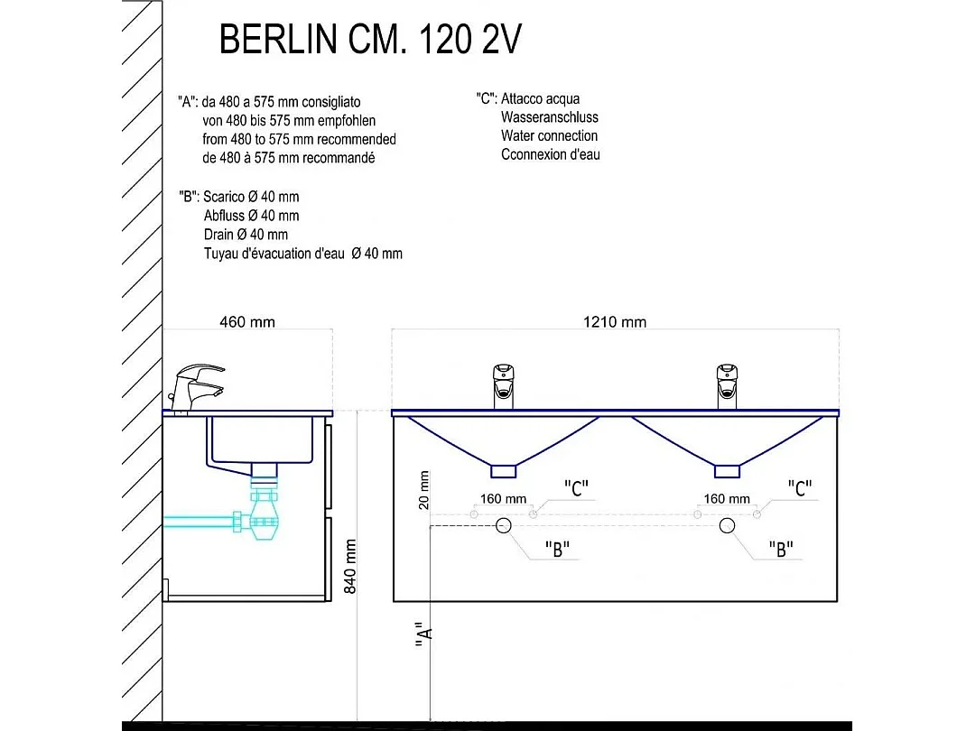Double Lavabo Mural Meuble De Salle De Bain Avec Tiroirs Chêne Naturel 120Cm | Berlin