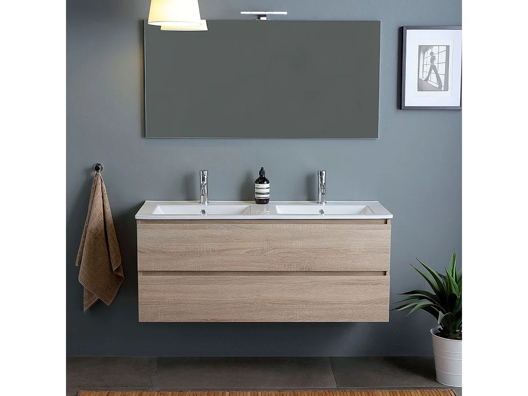 Double Lavabo Mural Meuble De Salle De Bain Avec Tiroirs Chêne Naturel 120Cm | Berlin