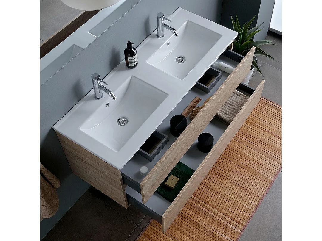 Double Lavabo Mural Meuble De Salle De Bain Avec Tiroirs Chêne Naturel 120Cm | Berlin