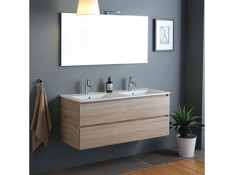 Double Lavabo Mural Meuble De Salle De Bain Avec Tiroirs Chêne Naturel 120Cm | Berlin