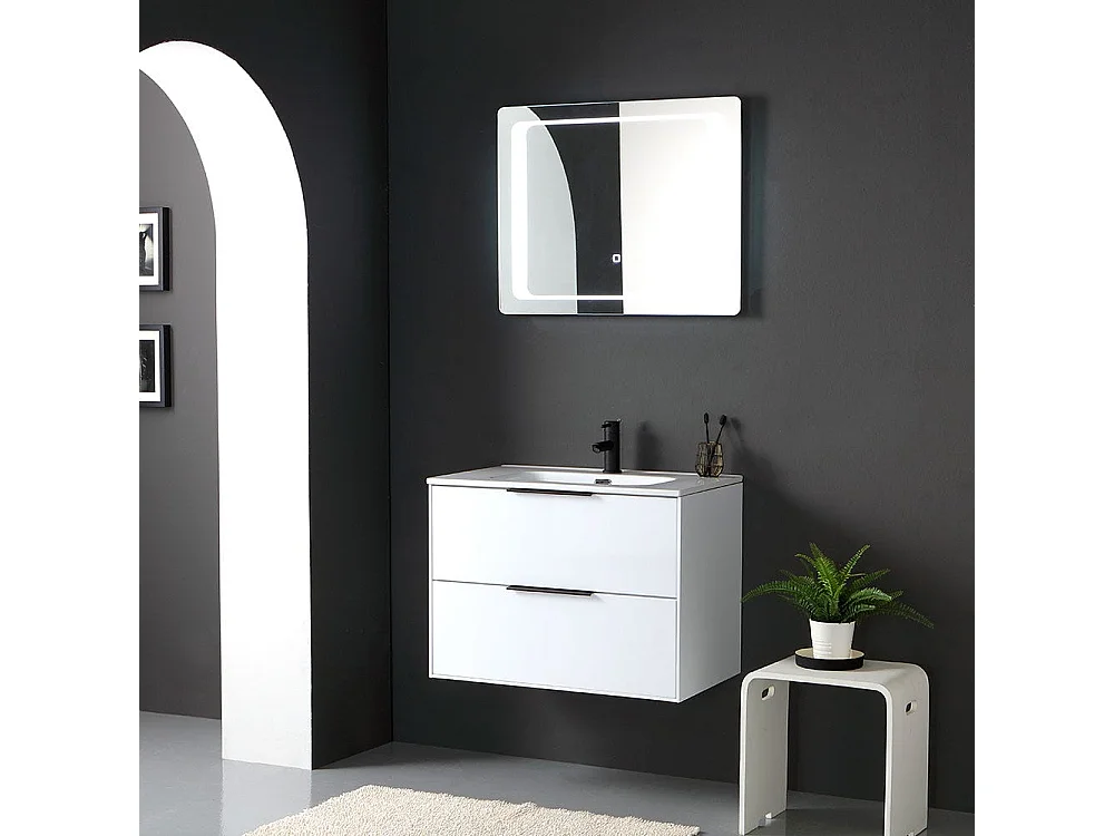 Meuble De Salle De Bain Suspendu En Blanc Brillant Avec Poignée Noire Et Miroir Avec Led Tactile | Parigi