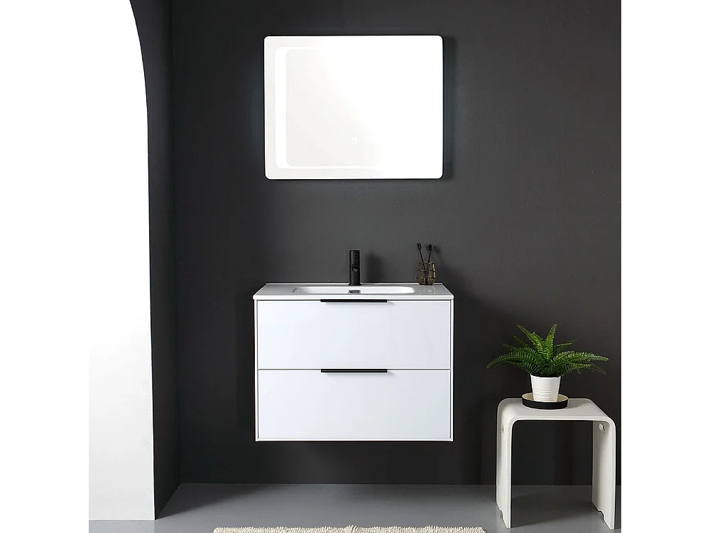 Meuble De Salle De Bain Suspendu En Blanc Brillant Avec Poignée Noire Et Miroir Avec Led Tactile | Parigi