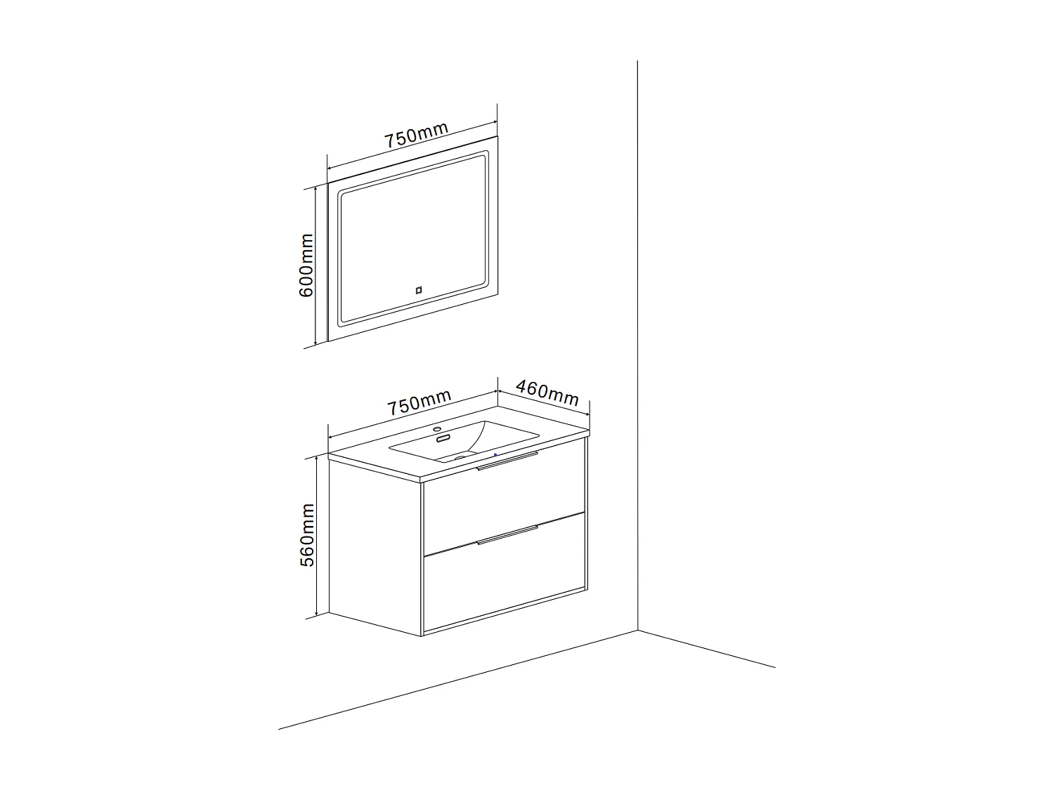 Meuble De Salle De Bain Suspendu En Blanc Brillant Avec Poignée Noire Et Miroir Avec Led Tactile | Parigi