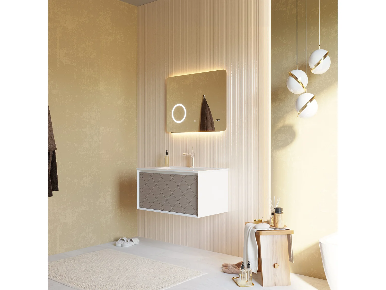 Meuble De Salle De Bain 80Cm Frêne Gris Et Miroir Led Tactile 80X60 | Miami