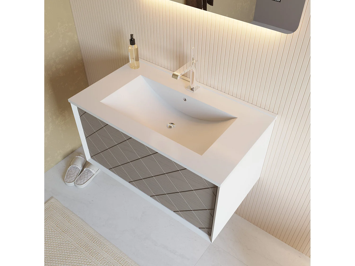 Meuble De Salle De Bain 80Cm Frêne Gris Et Miroir Led Tactile 80X60 | Miami