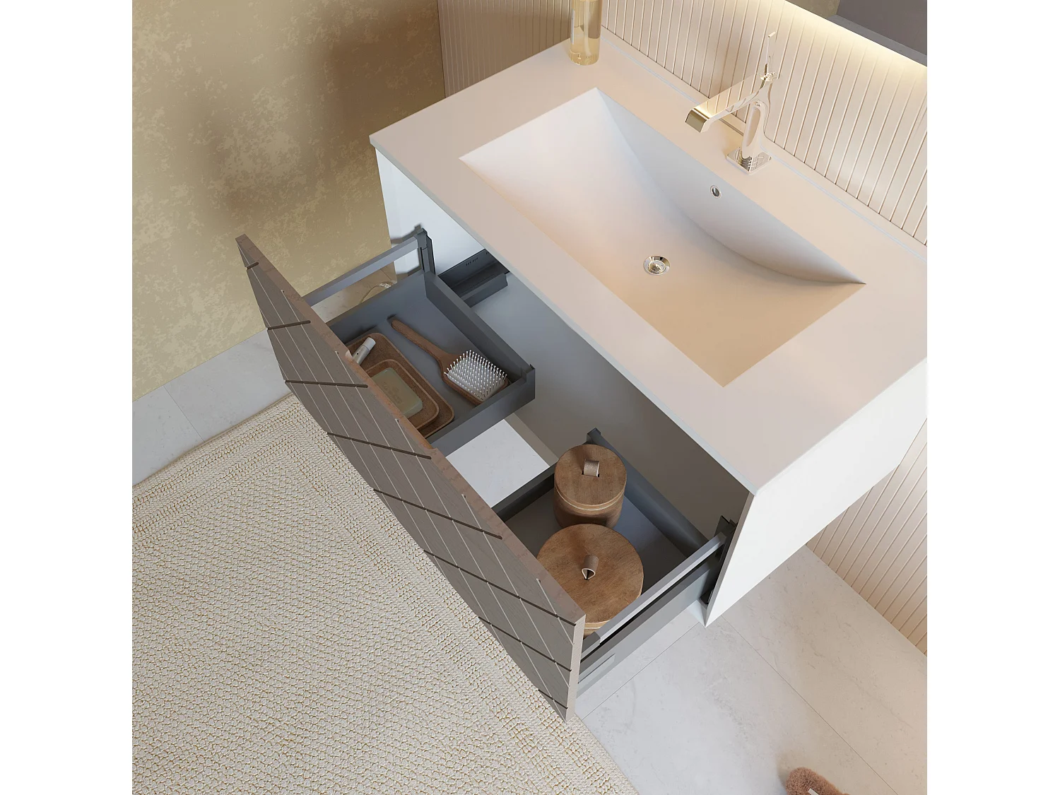 Meuble De Salle De Bain 80Cm Frêne Gris Et Miroir Led Tactile 80X60 | Miami