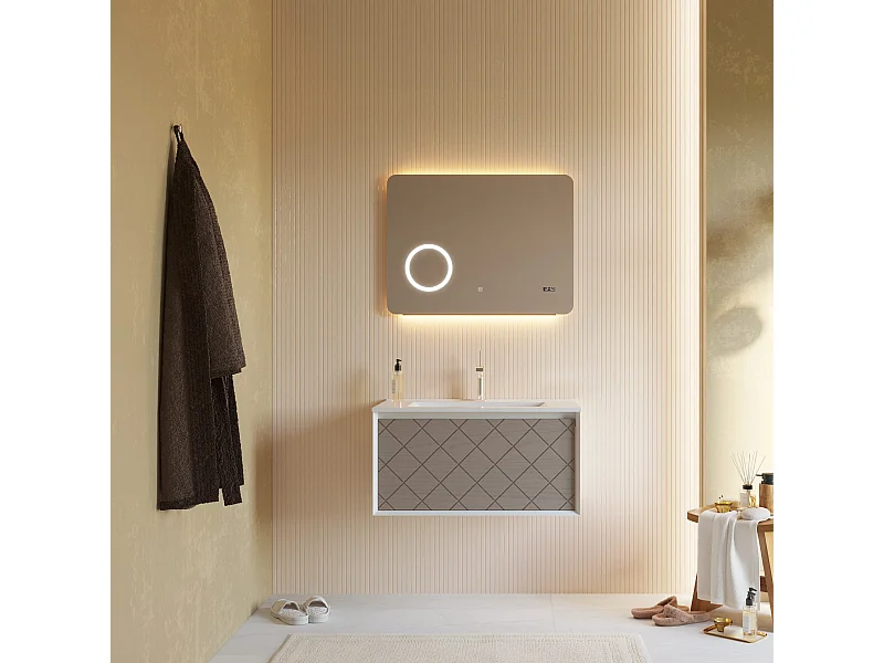 Meuble De Salle De Bain 80Cm Frêne Gris Et Miroir Led Tactile 80X60 | Miami