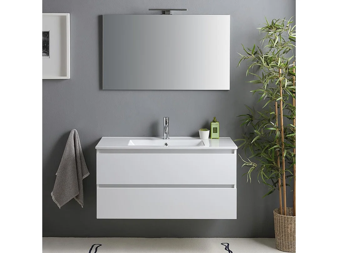 Meuble De Salle De Bain Avec Tiroirs 100Cm Blanc Brillant, Lavabo Et Miroir | Benaco