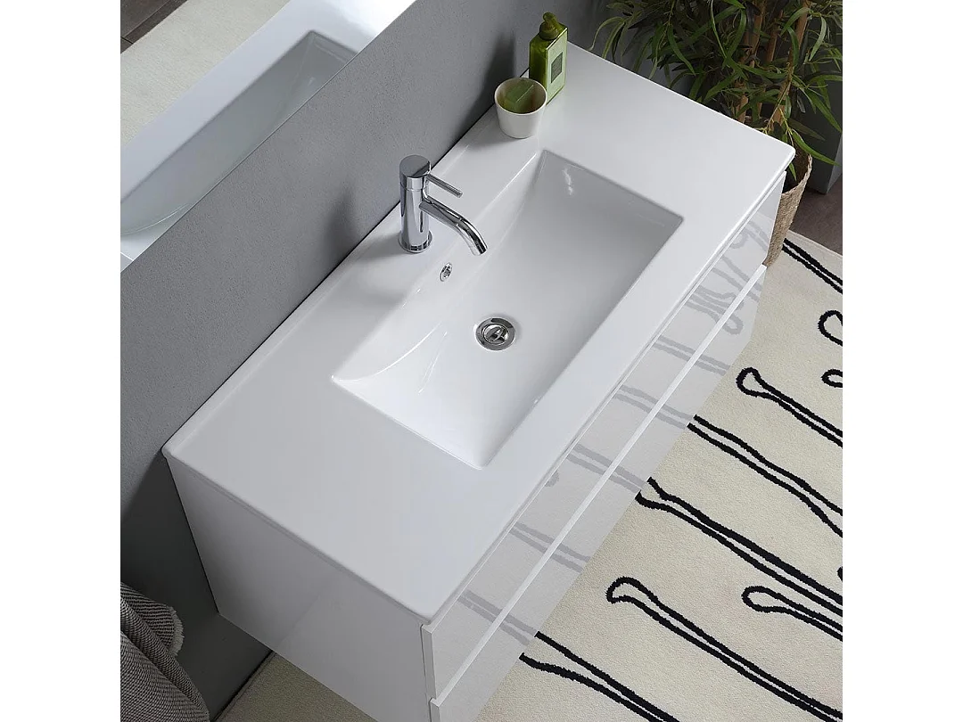 Meuble De Salle De Bain Avec Tiroirs 100Cm Blanc Brillant, Lavabo Et Miroir | Benaco