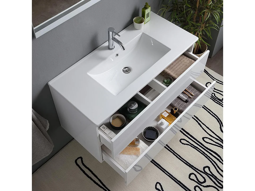 Meuble De Salle De Bain Avec Tiroirs 100Cm Blanc Brillant, Lavabo Et Miroir | Benaco