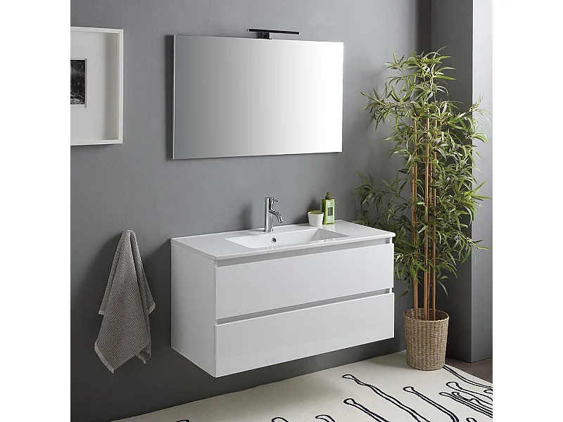 Meuble De Salle De Bain Avec Tiroirs 100Cm Blanc Brillant, Lavabo Et Miroir | Benaco