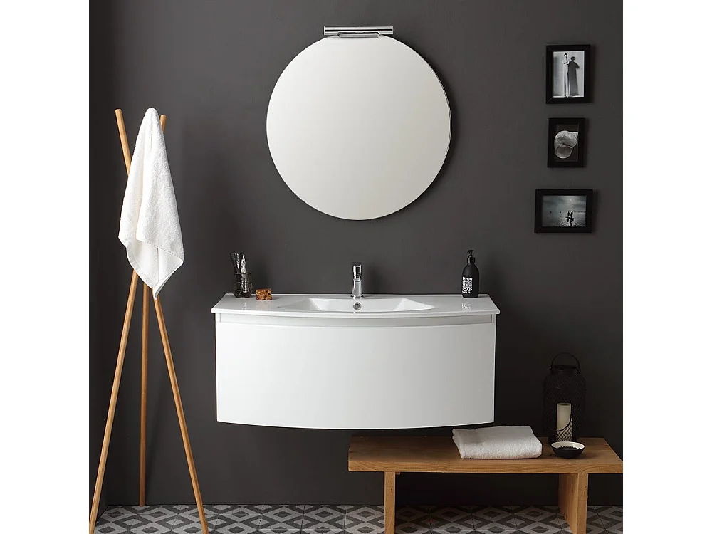 Armoire De Toilette Suspendue 102 Cm Laqué Blanc Avec Miroir Rond | Riva