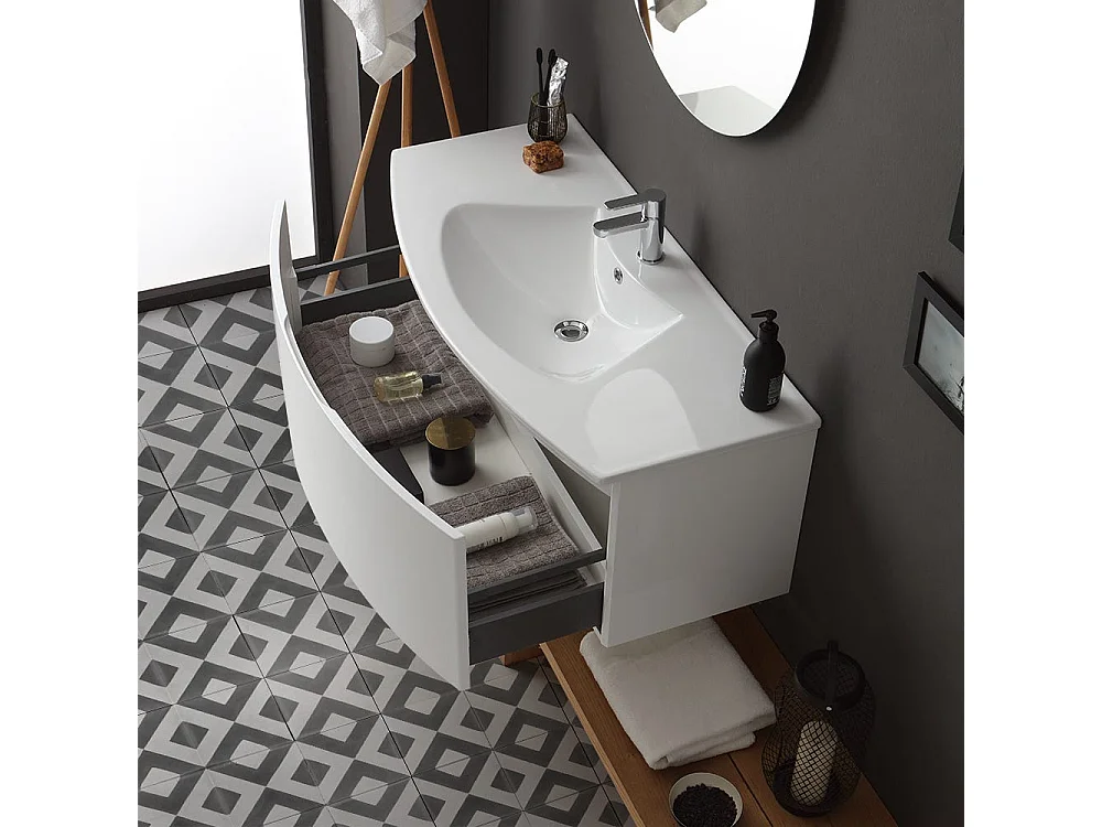 Armoire De Toilette Suspendue 102 Cm Laqué Blanc Avec Miroir Rond | Riva