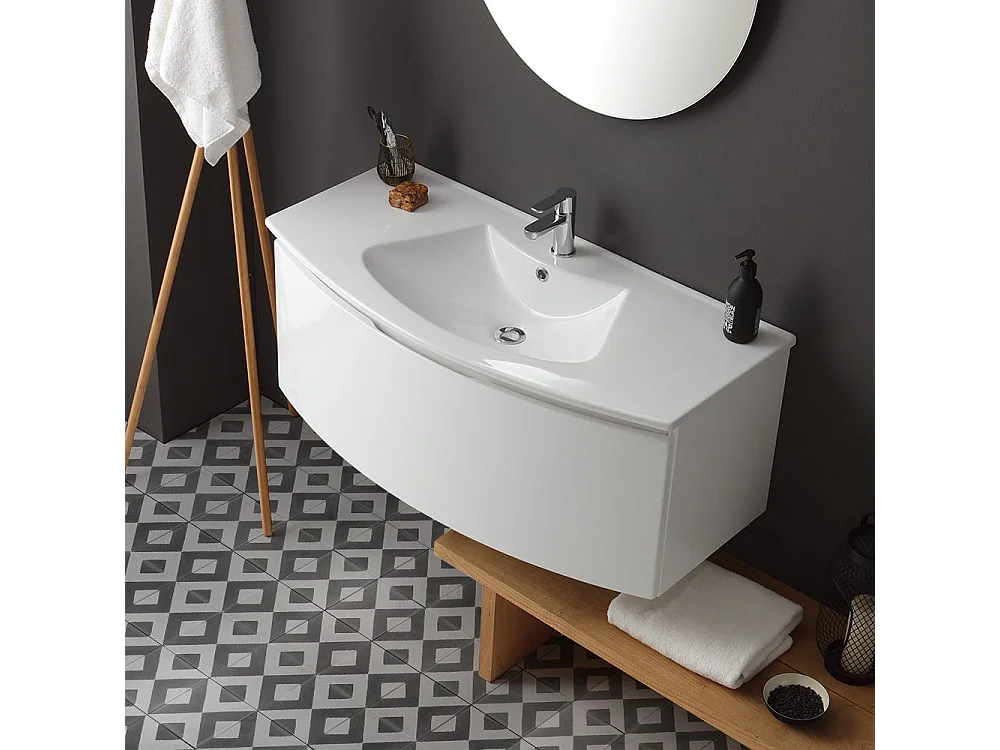 Armoire De Toilette Suspendue 102 Cm Laqué Blanc Avec Miroir Rond | Riva