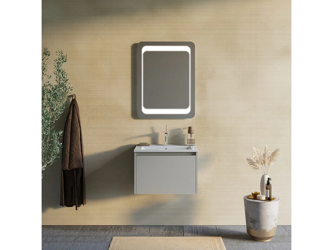 Armoire De Salle De Bain 60Cm Couleur Sable, Lavabo Et Miroir 60X80 | Monaco