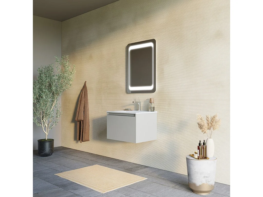 Armoire De Salle De Bain 60Cm Couleur Sable, Lavabo Et Miroir 60X80 | Monaco