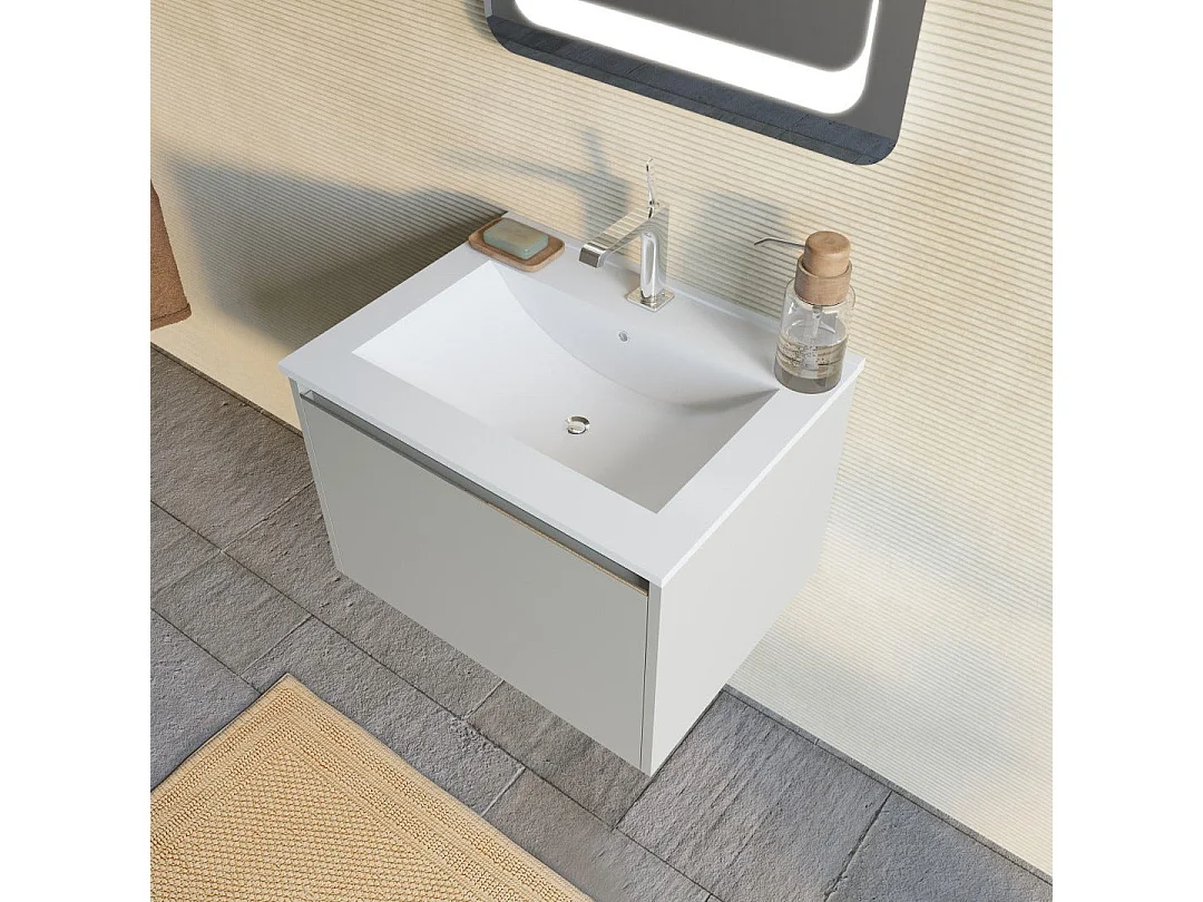 Armoire De Salle De Bain 60Cm Couleur Sable, Lavabo Et Miroir 60X80 | Monaco