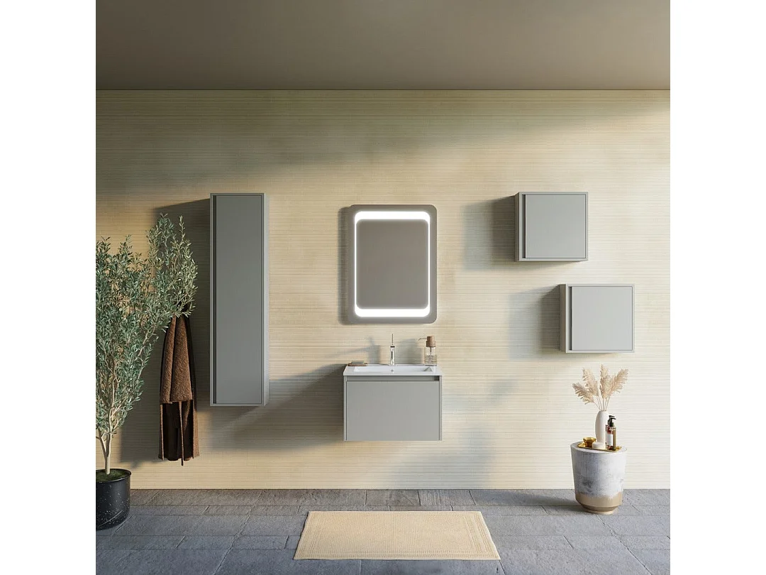 Armoire De Salle De Bain 60Cm Couleur Sable, Lavabo Et Miroir 60X80 | Monaco